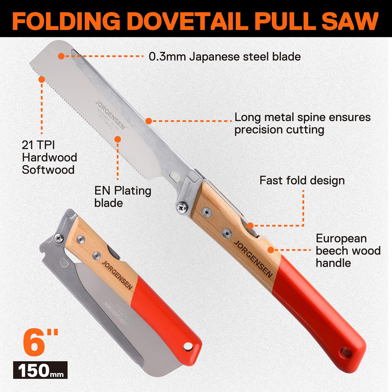 JORGENSEN Japanese Pull Saw, 6 Inch Folding Dovetail Saw with Beech Wood Long handle, SK5 Steel Blade Tool-less Quick Change, 21TPI Cross Cut Saw Woodworking Hand Saw for Hardwood, Softwood