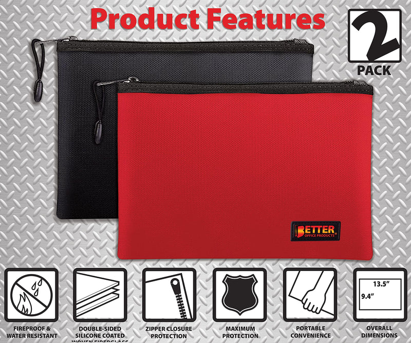 Better Office Products 2 Pack Fireproof Document Bag, 13.4" x 9.4", Storage Pouch with Zipper, Safe Storage Bag, Water-Resistant Material, Holder for Letter Size & A4 Documents (1 Red + 1 Black)