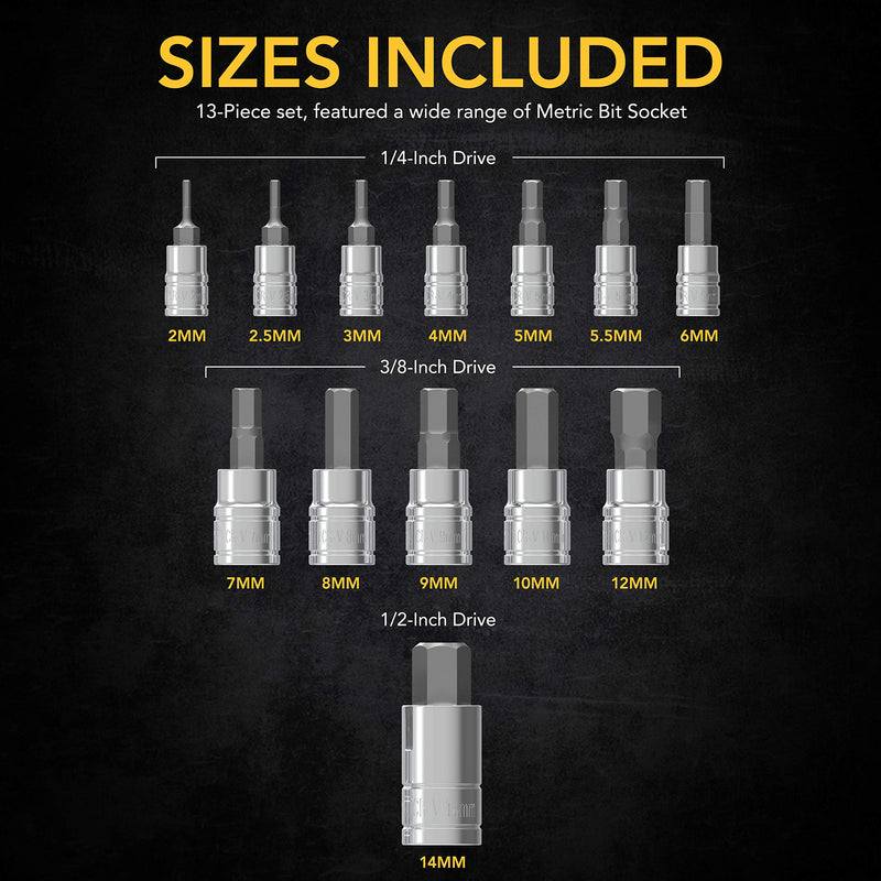 LEXIVON HEX Bit Socket Set, Premium S2 Alloy Steel | 13-Piece Metric 2mm - 14mm Set | Enhanced Storage Case (LX-141) METRIC 13pc