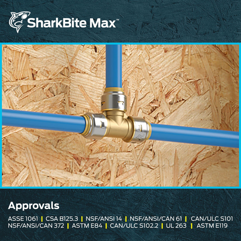 SharkBite Max 1/2 Inch Tee, Push to Connect Brass Plumbing Fitting, PEX Pipe, Copper, CPVC, PE-RT, HDPE, UR362A SharkBite Max 1/2 in.