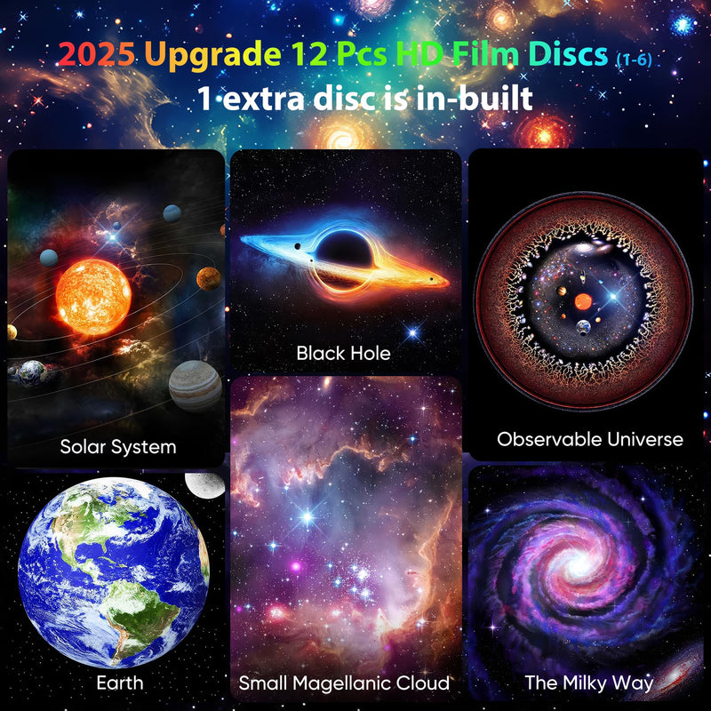 Galaxy Projector for Bedroom Pro Version, Upgraded Film Disc Star Projector for Kid 12 in 1 Planetarium Projector HD Image Adjustable Knob 360° Rotating 1/2h Timer Simple 4-Button Control Blue