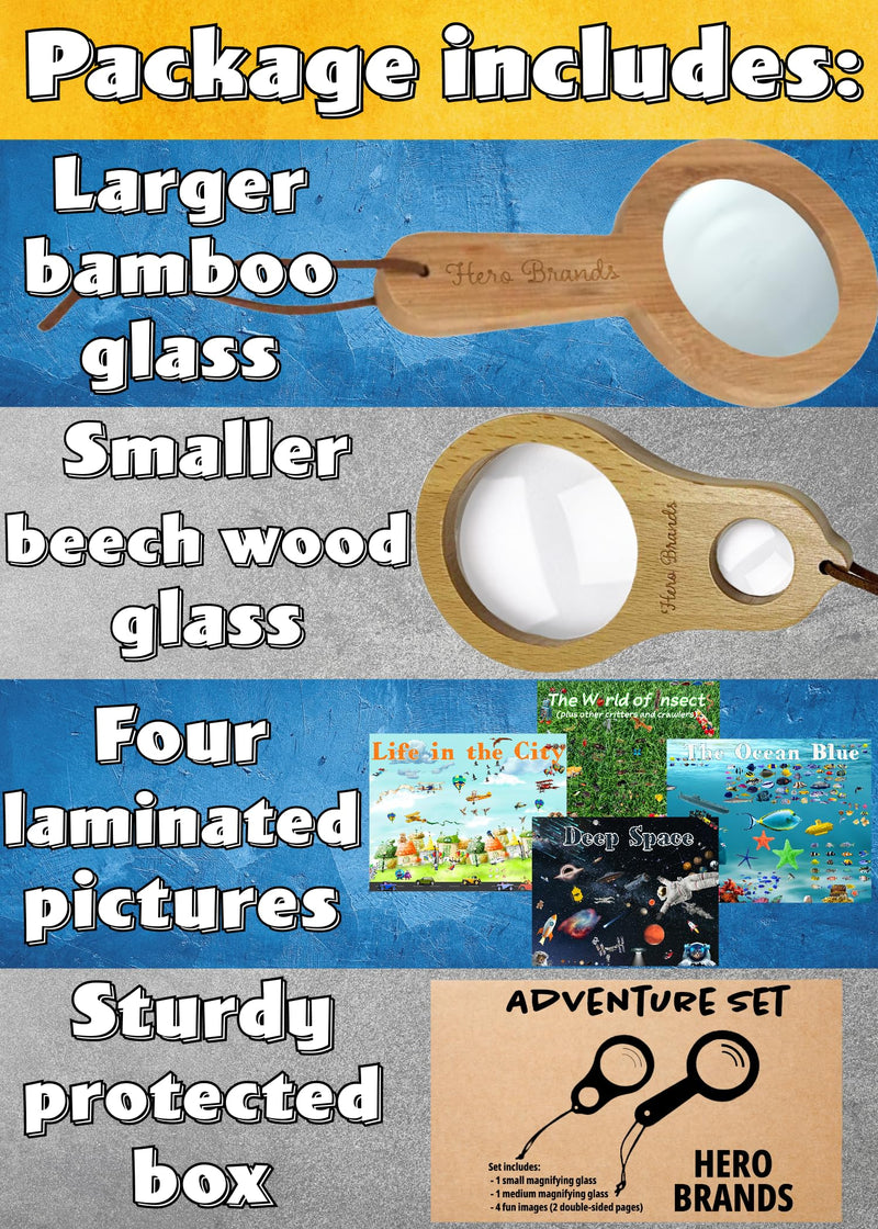 Adventure Set - 2X Wood Magnifying Glass for Kids with 4 Pictures - Wooden Montessori Toy - Learn and Explore 2 Pieces