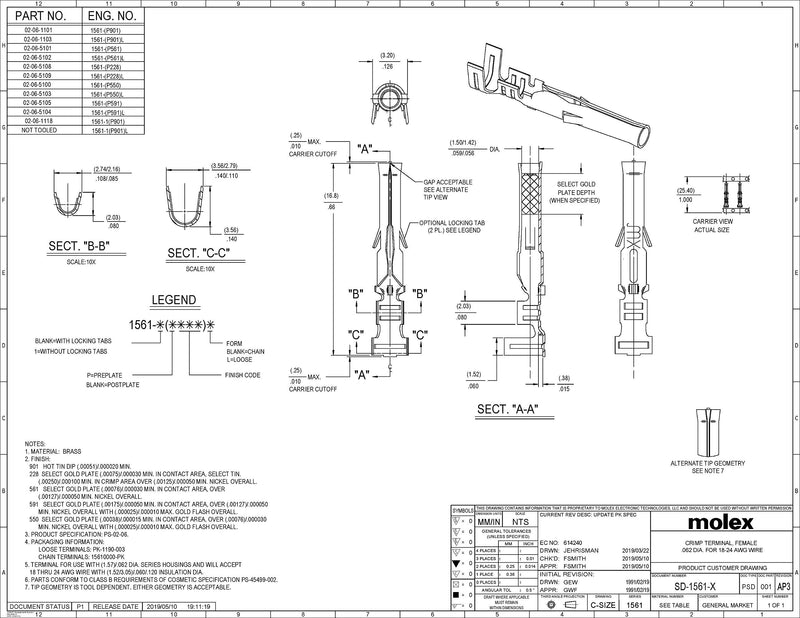 Molex Pin, Male & Female .062" 18-24 AWG, Series 1561 Tin (Sn) Plated Brass Contact (40 Pair) 40
