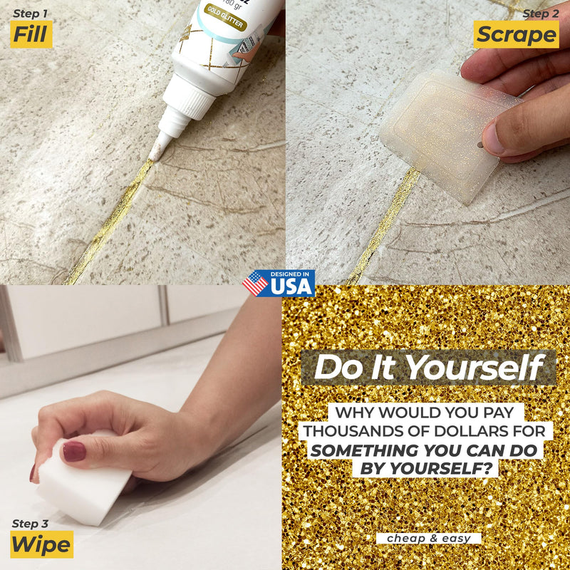 PentaUSA Tile Grout - Glitter Grout Tube, 6 Fl Oz Glitter Fast Drying Grout Paint, Shiny Grout Repair Kit - Renew Grout Lines in Bathroom, Kitchen, Countertops (180 ml, 6 Fl Oz) (Gold) Gold