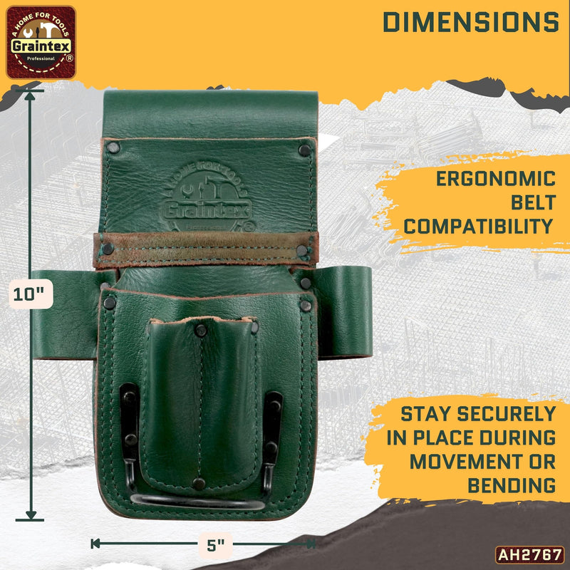 Graintex Ambassador Series 5 Pocket Multi Tool Holder, Top Grain Leather, Small Leather Pouch, Hammer Holder, Multipurpose Tool Belts for Men and Women, Ideal for Carpenters, Framers, Contractors Emerald Green