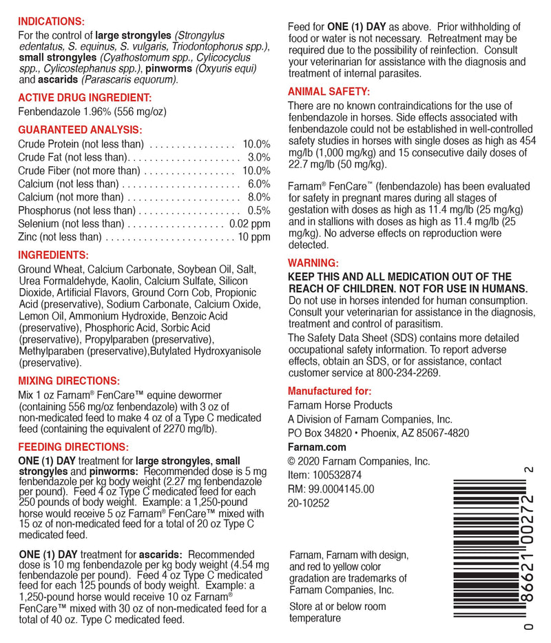 Farnam FenCare Safe-Guard (fenbendazole) 1.96% Type B Medicated Feed Equine Dewormer 5 Ounces
