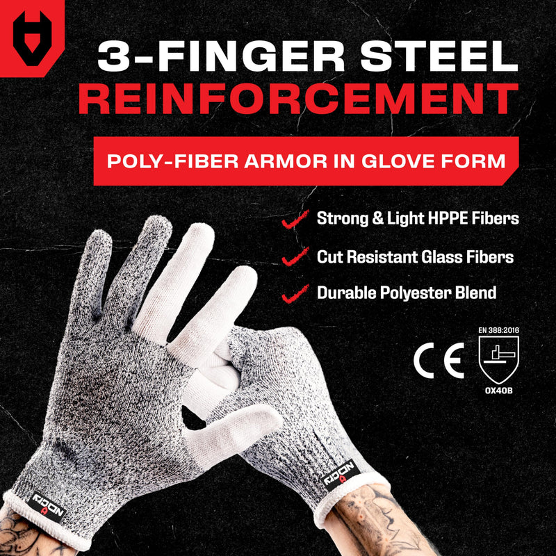 NoCry Cut Resistant Work Gloves for Women and Men, with Reinforced Fingers; Comfortable, 100% Food Grade Kitchen Cooking Hand Protection; Ambidextrous Safety Gear for Cutting;Level 5 Protection 3-pack Large Reinforced (Grey)
