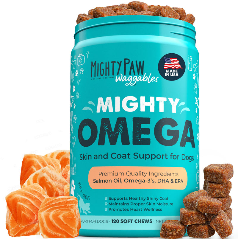 Mighty Paw Waggables Mighty Omega (Made in The USA, 120 Count) | Omega 3 Fish Oil Chew for Dogs. Salmon Flavor Skin and Coat Supplement. Soft Chew Fish Oil for Dogs - DHA & EPA, Bacon Flavor Omega Fish Oil Chews