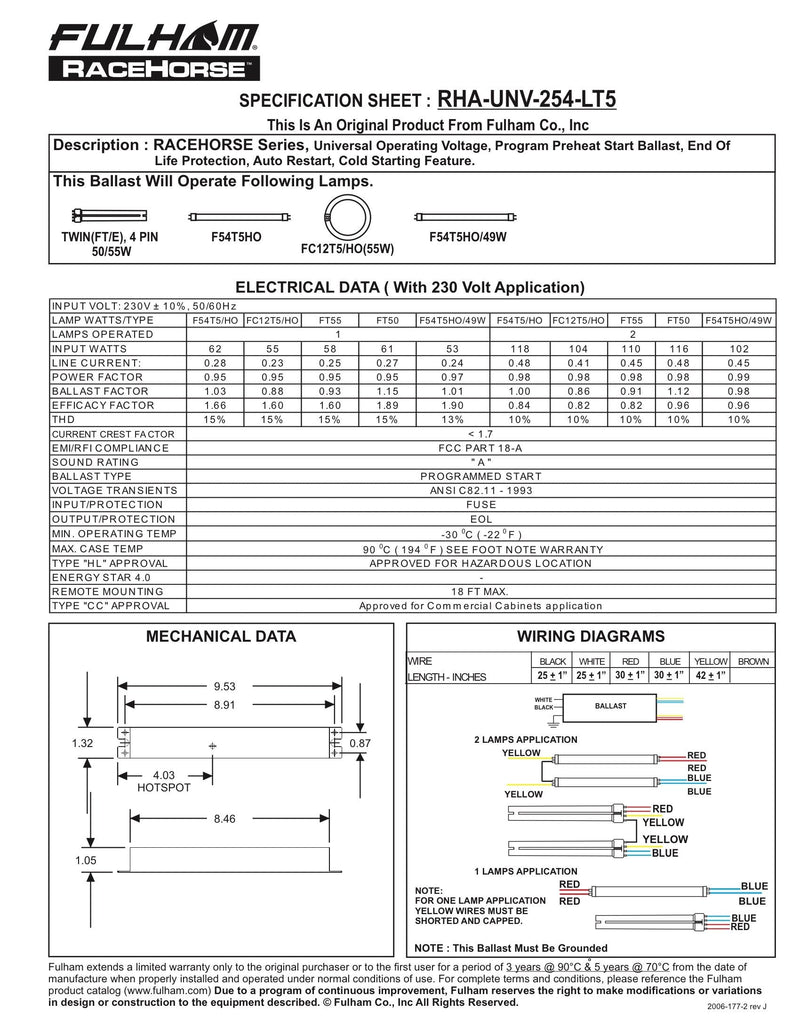 Fulham Lighting Fulham Racehorse Linear Ballast for T5HO, RHA-UNV-254-LT5 , Black
