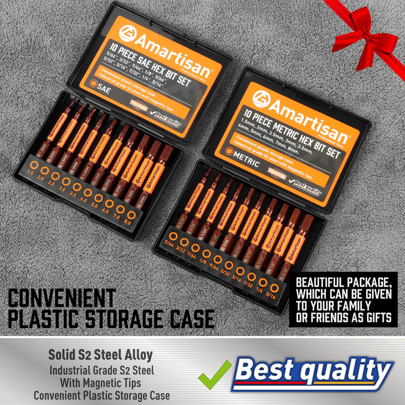 Amartisan 20-Piece Hex Head Allen Wrench Drill Bit Set, Metric and SAE S2 Steel Hex Bits Set, Magnetic Tips, 2.3" Long With Storage box. 20-Piece Hex Bit Set