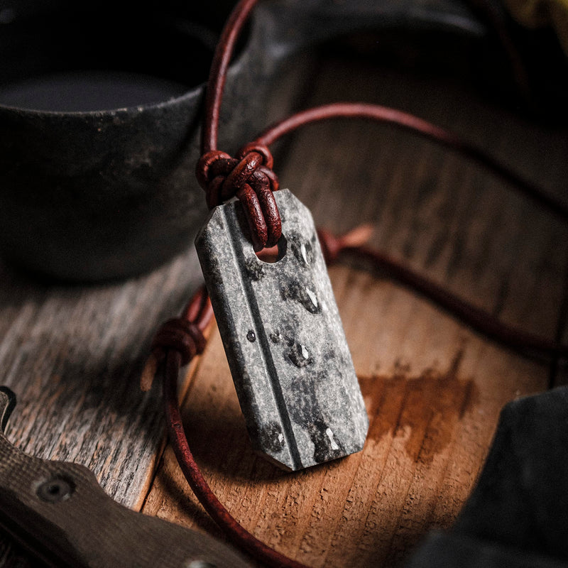 Wazoo Viking Whetstone Pendant | Knife Sharpener Necklace | Arkansas Novaculite on Leather Cord | Norse Inspired Knotwork Rare