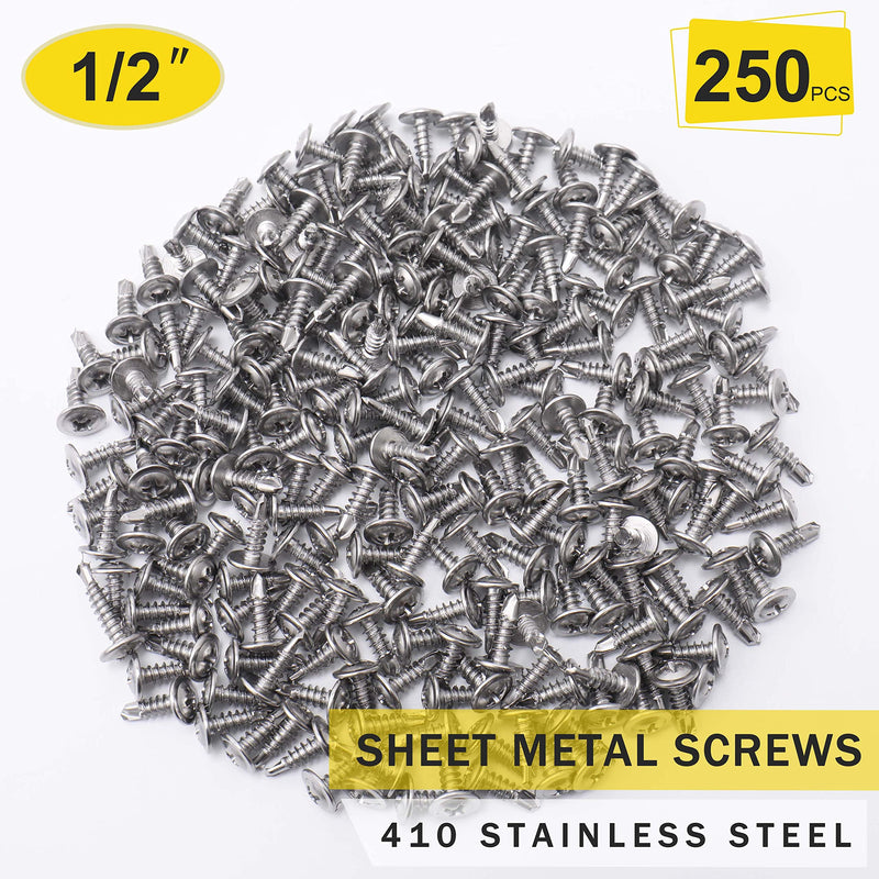 (250pcs) #8 x 1/2" 410 Stainless Steel Self Tapping Screws for Metal Plastic & Wood, Phillips Drive Modified Truss Head, High Strength Sheet Metal Screws (#8 × 1/2") #8 × 1/2" Self-drilling - Truss