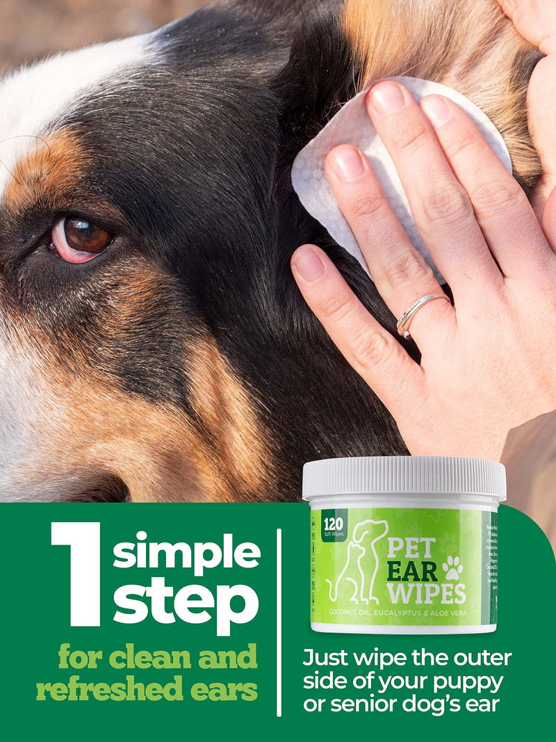 120ct Pet Ear Wipes for Dogs w/Itch Relief | Natural Coconut Oil, Eucalyptus & Aloe | Irritation Relief, Easy Otic Wax Cleaner Solution Pets