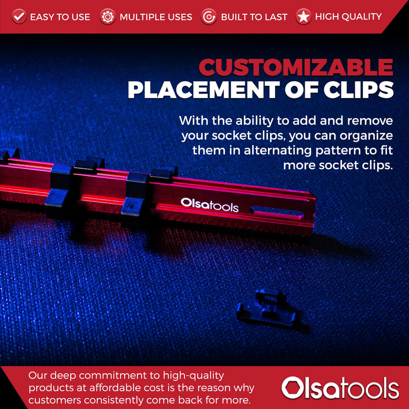Olsa Tools 3/8-Inch Drive Aluminum Socket Organizer with Locking End Caps | Professional Quality Socket Holder (RED) Red