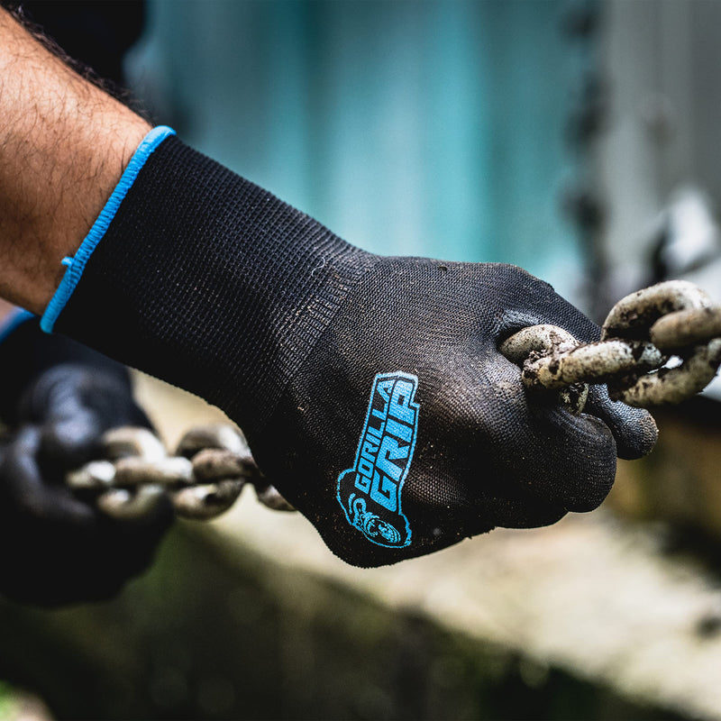 Gorilla Grip Work Gloves, Never Slip Maximum Grip All-Purpose, Gloves for Men, Superior in Wet, Dry, Oily Conditions, Polymer Palm, Medium Size, 25 Pairs, Black/Blue | 25047-25 Large