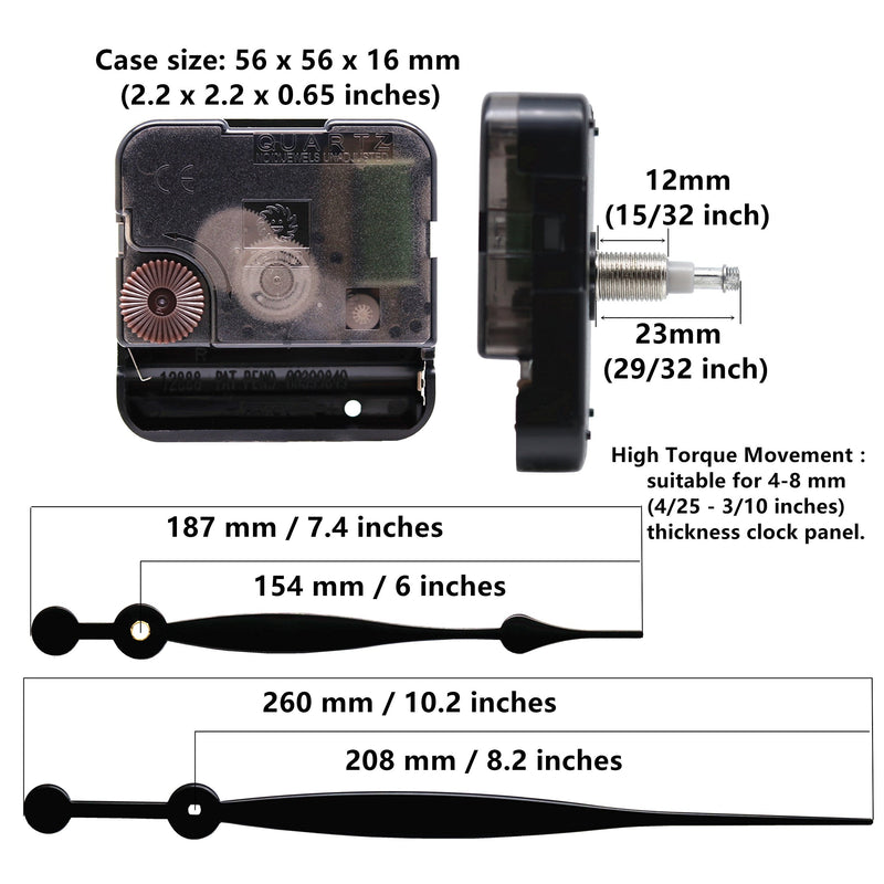 Quartz DIY Wall Clock Movement Mechanisms Battery Powered DIY Repair Parts Replacement with 260 mm/ 10.2 Inch Long Spade Hands,3/10 Inch Maximum Dial Thickness,29/32 Inch Total Shaft Length. Total minute hand length 10.2 inch