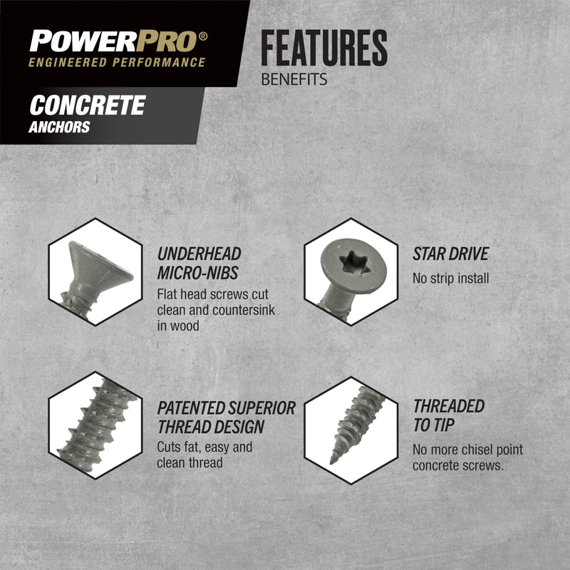 Power Pro Concrete Screw Anchors #410 Stainless Flat (3/16" x 2-3/4") 50-Piece