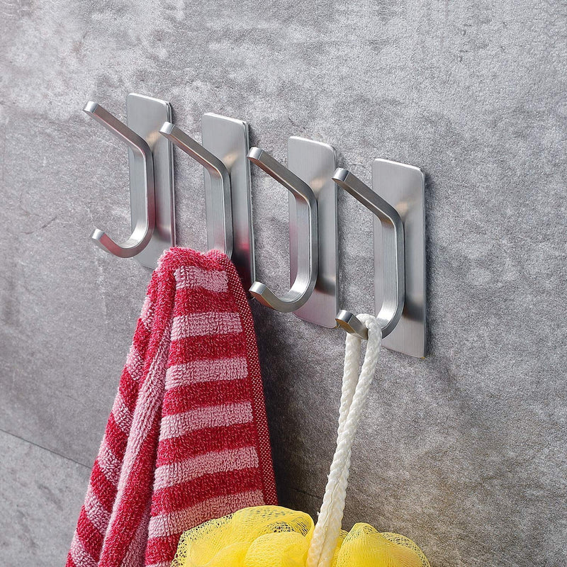 YIGII Towel Hook/Adhesive Hooks - Wall Hooks for Coat/Robe/Towels Stick on Bathroom/Kitchen 4-Pack, Stainless Steel Silver