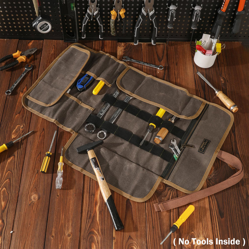 Tool Roll Pouch, Heavy Duty 16OZ Waxed Canvas Tool Bag Roll, Hand Tools Pouch with 1 Zipper Pocket + Elastic Band, Sturdy Tool Storage Roll Bag for Horticulturist Mechanic Handyman - Grey - 24" x 12"