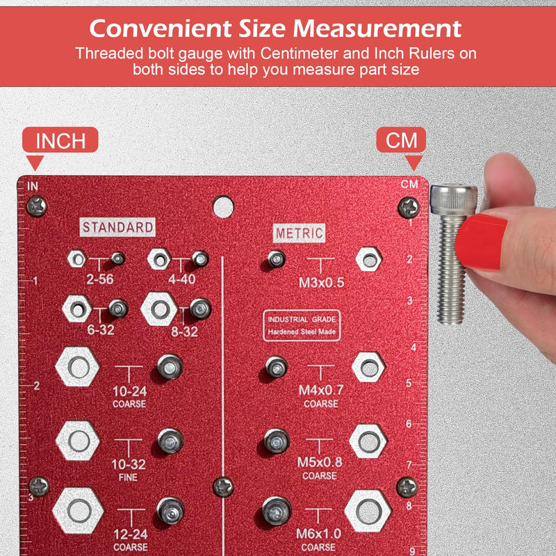 Nut and Bolt Thread Checker, 2-in-1 Thread Checker 38 Thread Nut Checker Standard and Metric Bolt Size and Thread Gauge with 21 Standard & 17 Metric Bolt Identifying, Red