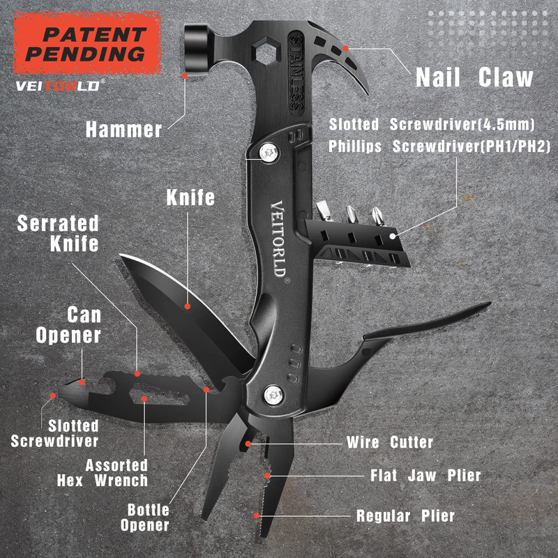 VEITORLD Gifts for Men Him Husband Valentine's Day, Cool Survival Tools Hammer Multitool, Unique Gifts for Husband from Wife, Anniversary Birthday Gift for Husband Wife Boyfriend, Camping Accessories Best Tool Gift (Black)