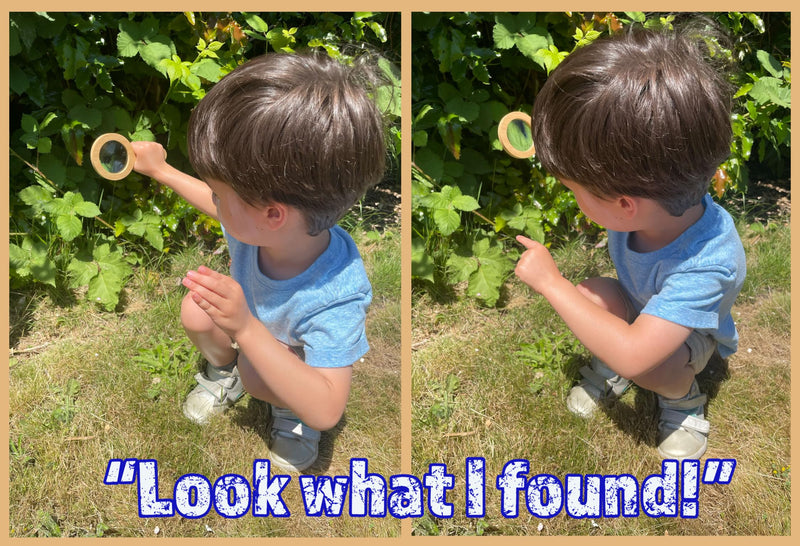 Adventure Set - 2X Wood Magnifying Glass for Kids with 4 Pictures - Wooden Montessori Toy - Learn and Explore 2 Pieces