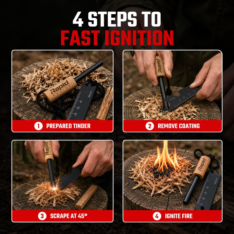 Rapid Radios Fire Starter Kit | Ferro Rod Fire Starter with Striker, Wax-Coated Tinder & Waterproof Storage | Survival Fire Starting Kit for Camping, Hiking, Hunting & Emergency Preparedness