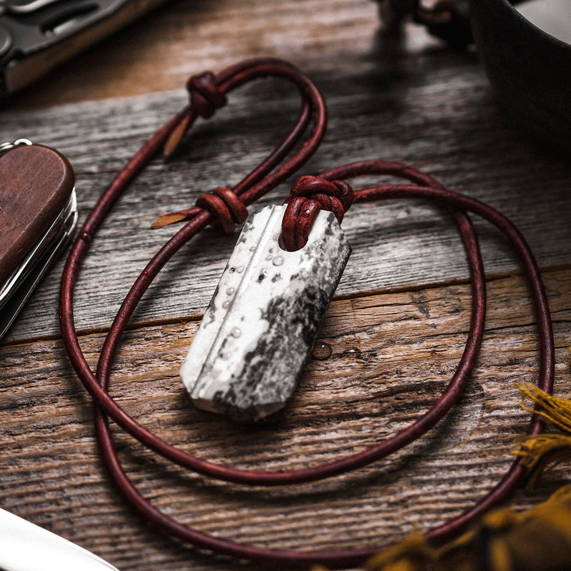 Wazoo Viking Whetstone Pendant | Knife Sharpener Necklace | Arkansas Novaculite on Leather Cord | Norse Inspired Knotwork Rare