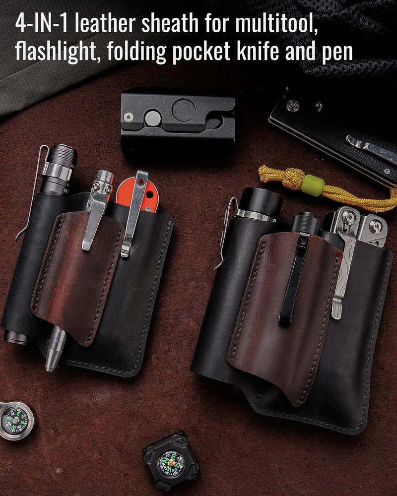VIPERAED PJ38 Leather Multitool Sheath for Men, 4-in-1 Utility Leather Holster, EDC Pocket Organizer for Pocket Knife Multitool Flashlight and Pen Medium