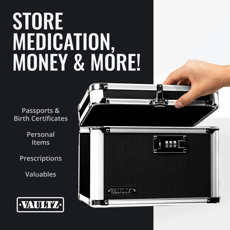 Vaultz Secure Security Lock Boxes - Safe Combination Lock Box, Storage for Documents, Valuables, Medicine & Money - 9.88 x 7.75 x 7 Inch - Black/Chrome Standard