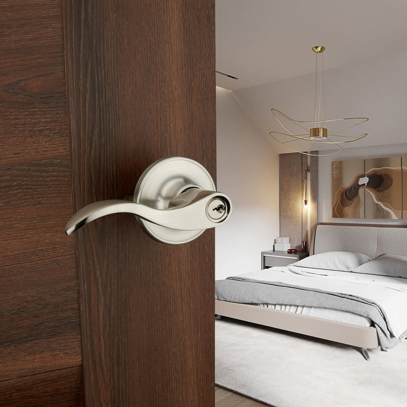 1 Pack of HENYIN Wave Lever Keyed Entry Door Lock/Door Knob Hardware Handle and Closet Lockset, Silver Color, with Key,Left Hand(805SN-L) 1 Pack ET(Left Hand)