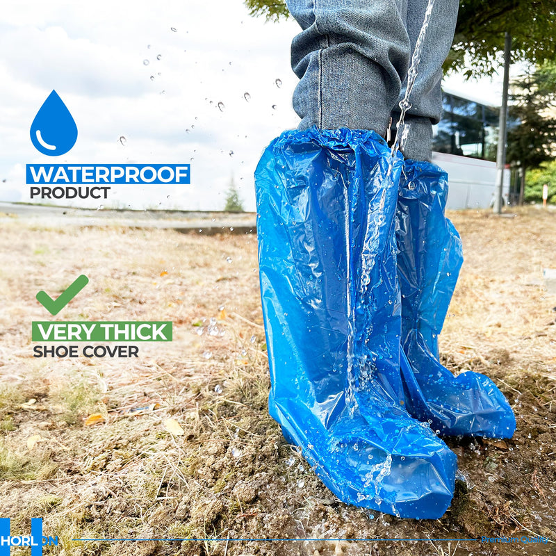 Large Thicker Boot And Shoe Covers Disposable Non-Slip 50 Pack (25 Pairs) Waterproof Durable Reusable Rain, Outdoor Indoors Overshoes, Fit Up To Men's 14, Blue, 20 Tall, Horlon