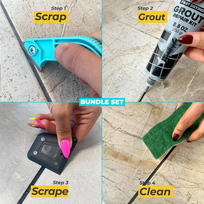 Pentausa Premixed Acrylic Sanded Tile Grout Repair Kit - Ready to Use Grout Renew Filler for Bathroom, Shower, & Kitchen Tile with Grout Removal Tool, Applicator & Sponge, (8.8 Oz - 250gr) (Black) Black