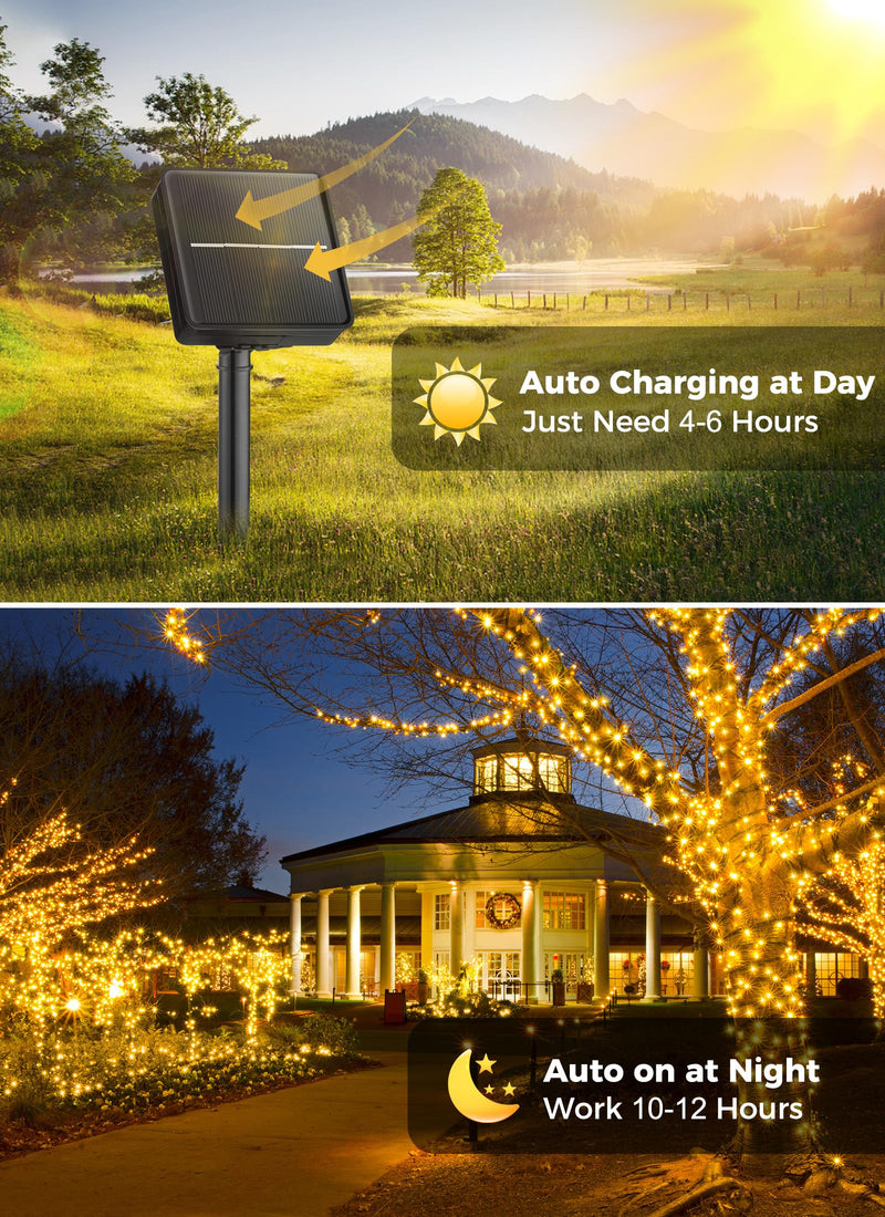 Minetom Solar String Lights for Outside - 40 FT 100 LED Solar Outdoor String Lights with 8 Lighting Modes, IP65 Waterproof Solar Outdoor Lights, Solar Lights for Outside Tree Party Decor, Warm White