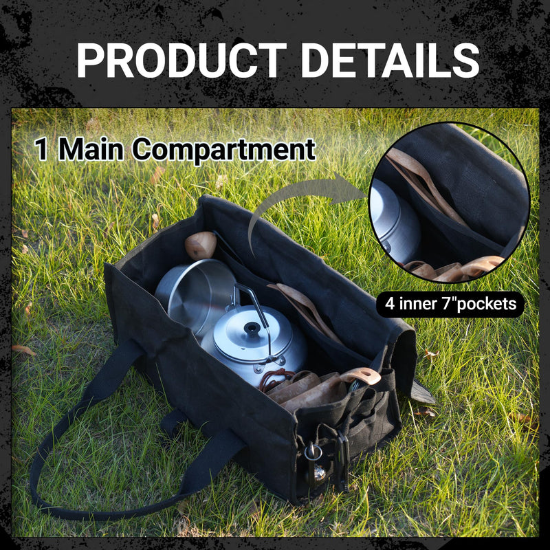 Flip Lid Camping Tool Bag, 15" Multi-Container Storage Soft Case, Water-Resistant Camping Tool Tote for Tent Stakes, Cooking Gear, Cutlery, Utensil, Flatware, Tea Kettle and Tools, Black