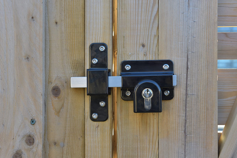 GateMate Long Throw Gate Lock 1490086, Euro Profile Keyed Both Sides Gate Lock for Sheds, Gates & Garage Doors, 316 Stainless Steel, for Wooden Gates & Doors Up to 2” Thick (50mm), Black, 5 Keys