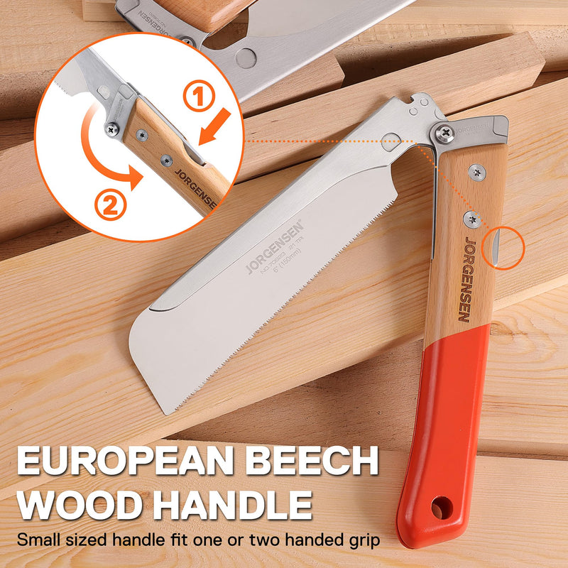 JORGENSEN Japanese Pull Saw, 6 Inch Folding Dovetail Saw with Beech Wood Long handle, SK5 Steel Blade Tool-less Quick Change, 21TPI Cross Cut Saw Woodworking Hand Saw for Hardwood, Softwood