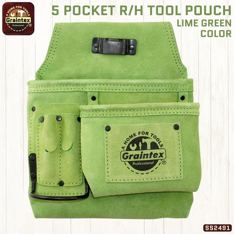 Graintex SS2491 :: 5 Pocket Right Handed Nail & Tool Pouch Lime Green Color Suede Leather for Constructors, Electricians, Plumbers, Handymen
