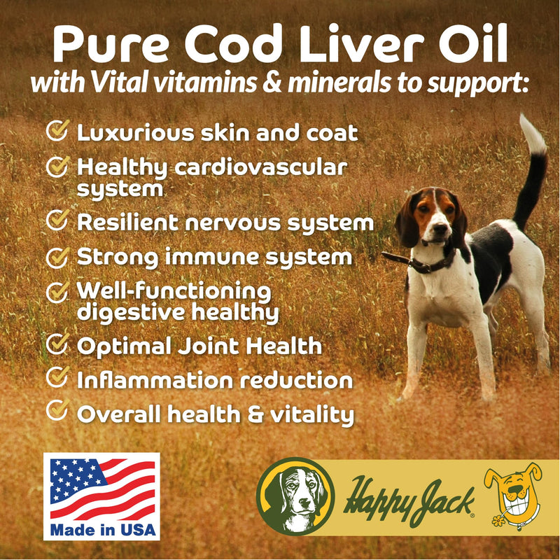 Happy Jack Cod Liver Fish Oil for Dogs Skin and Coat Supplement, Brain, Eyes, Bones, Hip, Joint, Heart & Immune System Health, Energy Booster (16 oz), Omega 3 with EPA & DHA, Vitamin A & D - PawsPlanet Australia