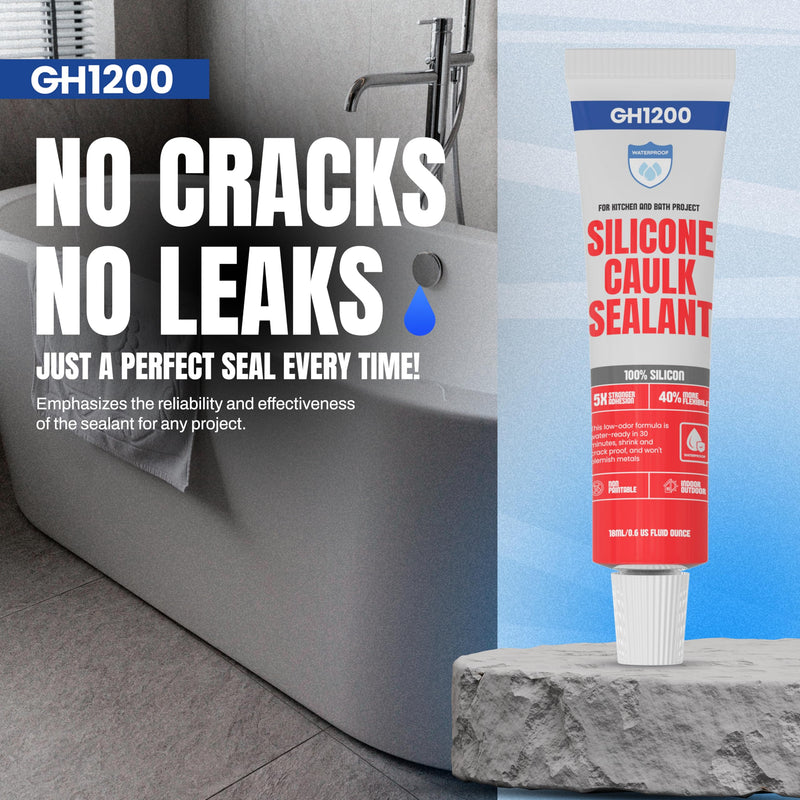 GH1200 18 ML x 8 PCs Silicone Caulk Clear Silicone Sealant Waterproof, Kitchen & Bathroom Caulk - Shrink & Crack Proof - Pocket-Friendly Small Size Indoor & Outdoor Use Silicone Glue - Strong Caulking