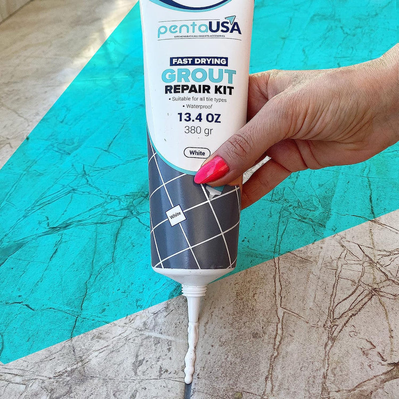 PentaUSA Tile Grout - Large Grout Filler Repairs Renews Tube, Fast Drying Grout Repair Kit, Odorless Formula - Grout Floater Included - 13.4oz / 380gr (White) White