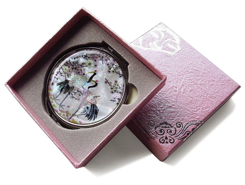 MADDesign Mother of Pearl Compact Mirror Round Double Sided Folding Magnify Crane Design