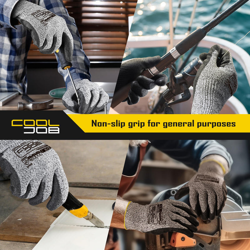 COOLJOB 12/120 Pairs Cut Resistant Safety Work Gloves with Grip, 13 Gauge Seamless Shell with PU Coating, ANSI A2 A4 A6, Gray Large (Pack of 12) Ansi A4 Cut Level