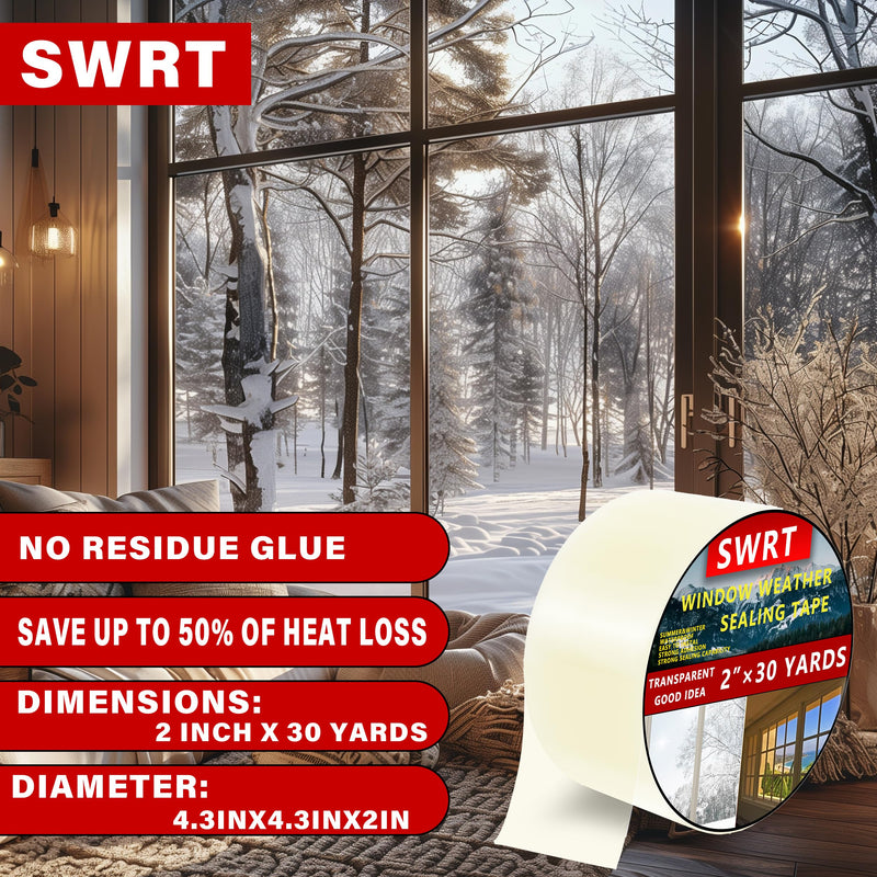 SWRT 2”x30yd/90ft Transparent Window Weather Sealing Tape, No Residue Window Insulation for Winter, Preventing Cold Air Loss in Summer Door and Window Seal Kit 2IN X 30YD