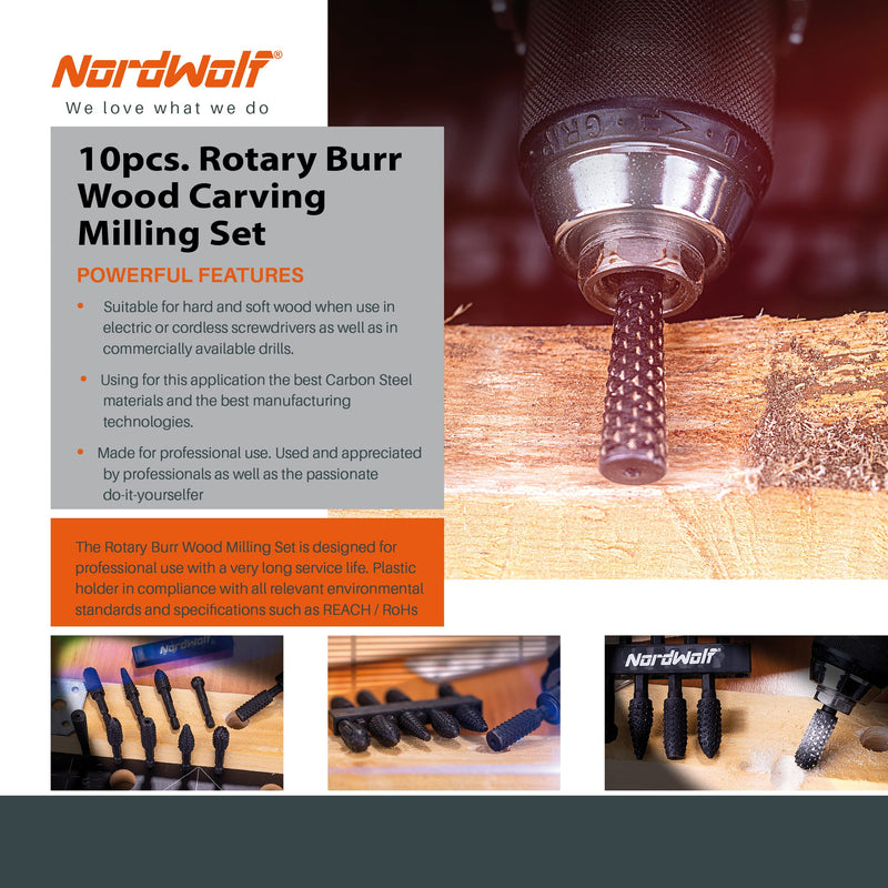 NordWolf 10-Piece Rotary Burr Wood Carving Rasp Files Set, with 1/4" Hex Shank for Wood & Rubber Deburring, Shaping and Grooving - NewNest Australia