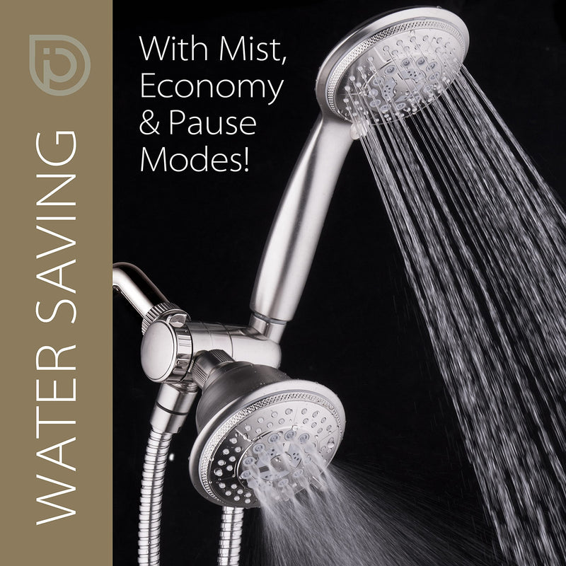 1733 Handheld Showerhead & Rain Shower Combo. High Pressure 24 Function 4" Face Dual 2 in 1 Shower Head System with Stainless Steel Hose, Patented 3-way Water Diverter in Nickel Finish 2.5 Gallon Per Minute Brushed Nickel