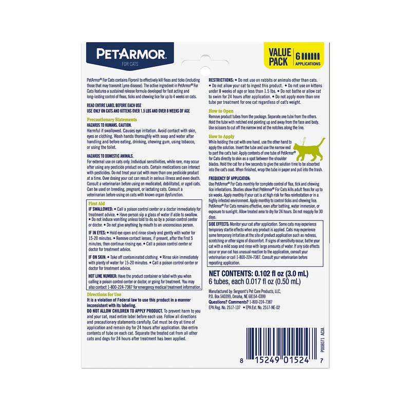 PetArmor for Cats, Flea & Tick Treatment for Cats (Over 1.5 Pounds), Includes 6 Month Supply of Topical Flea Treatments 6 Count