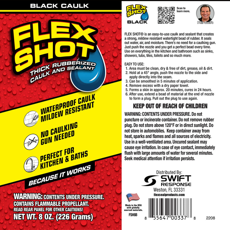 Flex Shot, 8 oz, Black, Flexible Rubber Silicone Sealant, Waterproof Caulk, UV Resistant, No Caulk Gun Needed, Perfect for Kitchen, Bath, Showers, Sinks, Baseboards 1 Pack