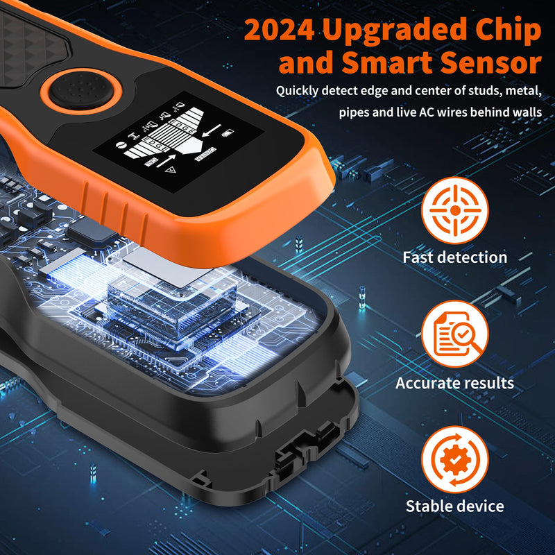Stud Finder Wall Scanner, Advanced 5-in-1 Detector for Wood, Metal, Joists, Pipes, and AC Wires, Upgraded New version Intelligent Chip, High-Definition LCD Display Screen & Audible Alarm Orange