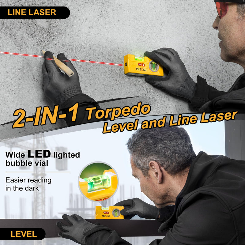 PREXISO 2-in-1 Line Laser Level - Mini Torpedo Level with Light, 3-3/4 inch 90°/180° Magnetic Pocket Level & 30Ft Laser Line Leveler Tool for Hanging Picture, Wall Marking Painting, Home Renovation Fixed Vial